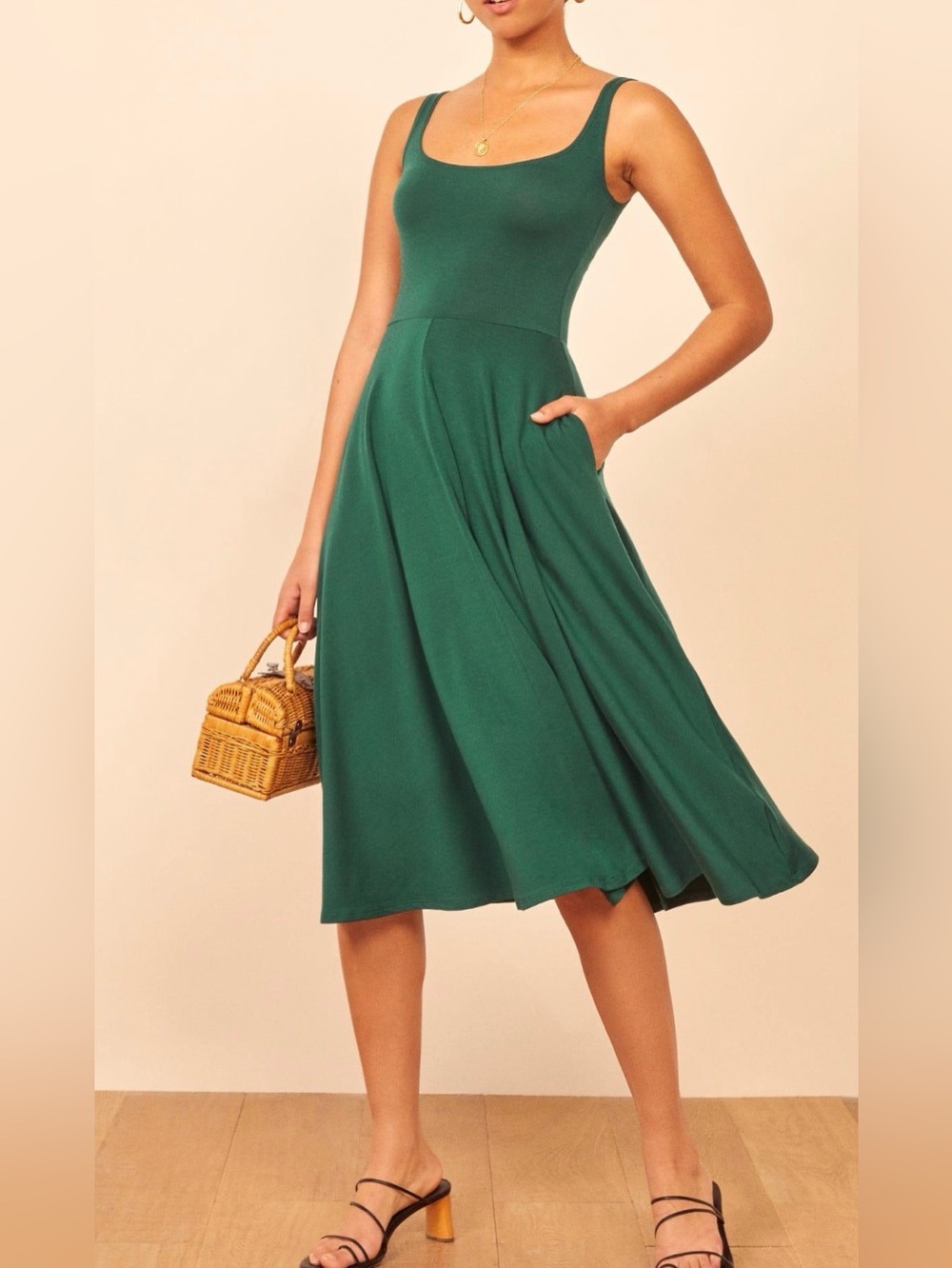 Reformation Rou Sleeveless Forest Green Midi Dress